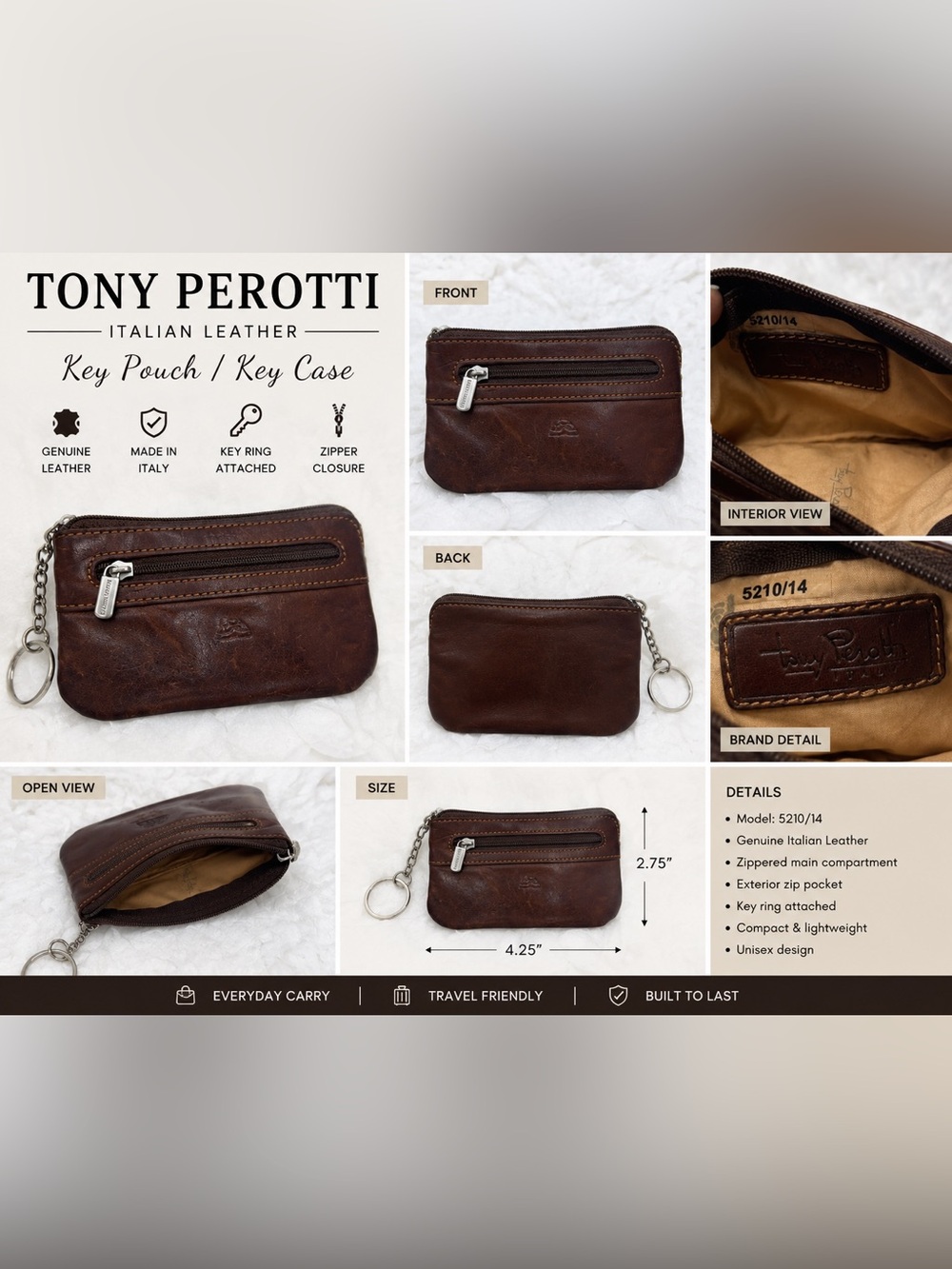 Tony Perotti Italian Leather Key Pouch Key Case Brown Zip Coin Wallet 5210/14